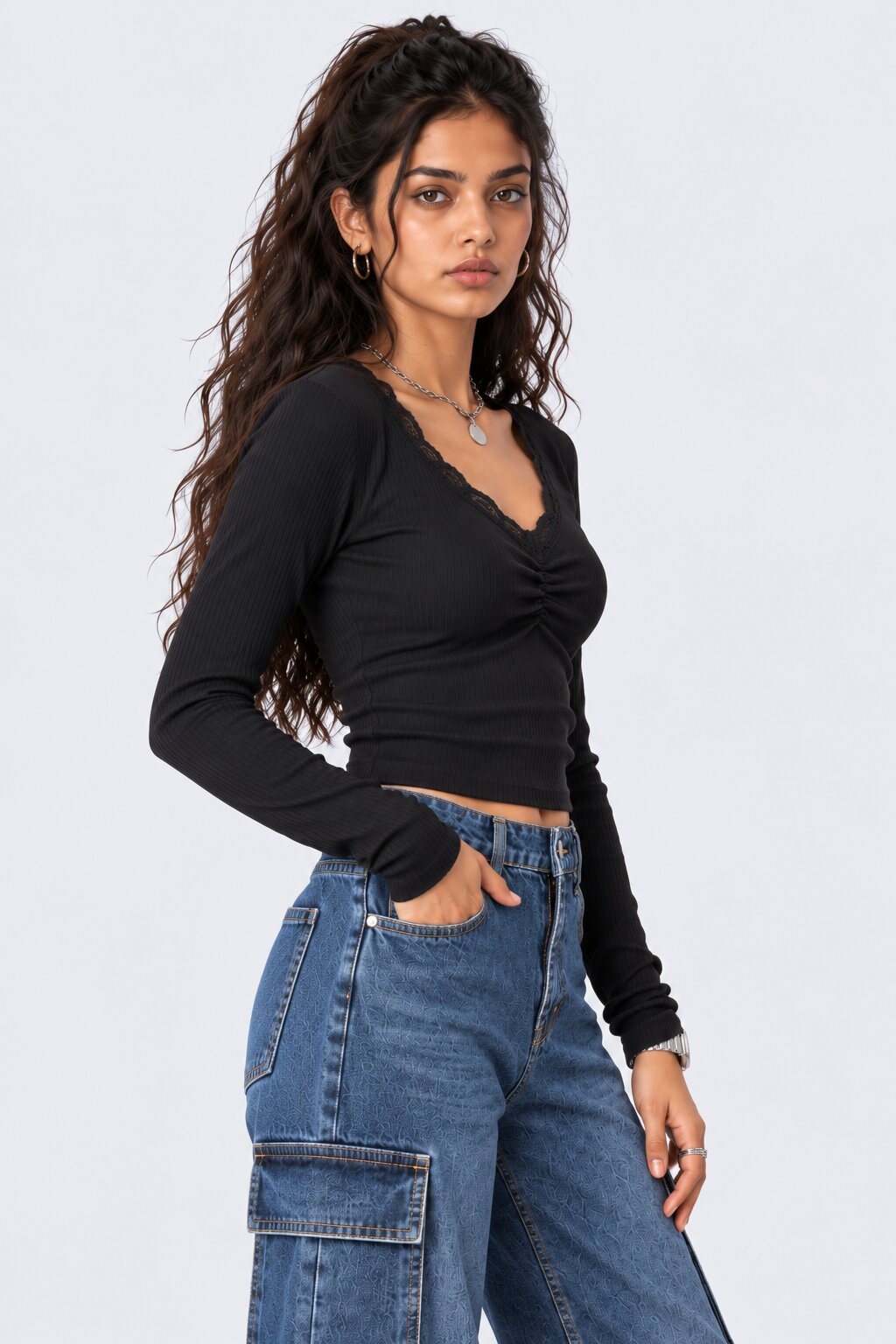 Womens Black Ribbed Lace Trim Crop Top - Image 4