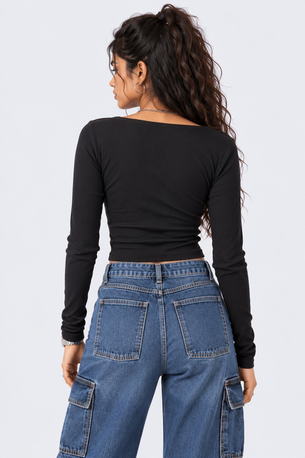 Womens Black Ribbed Lace Trim Crop Top - Image 5