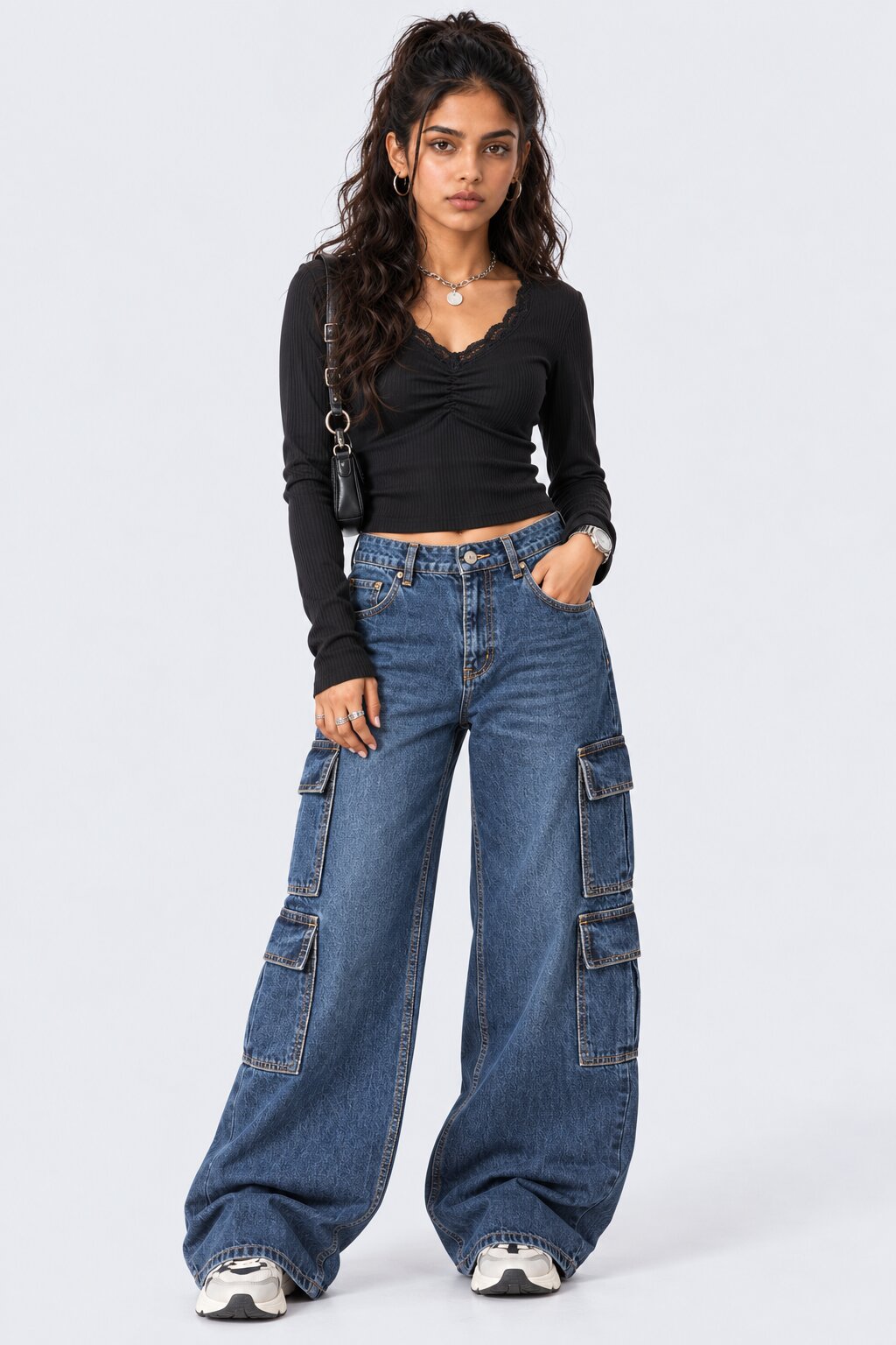 Womens Black Ribbed Lace Trim Crop Top - Image 6