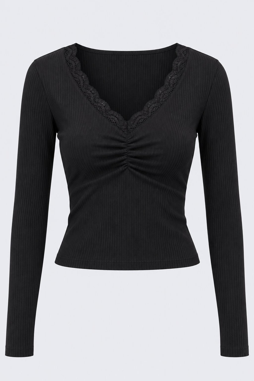 Womens Black Ribbed Lace Trim Crop Top - Image 7