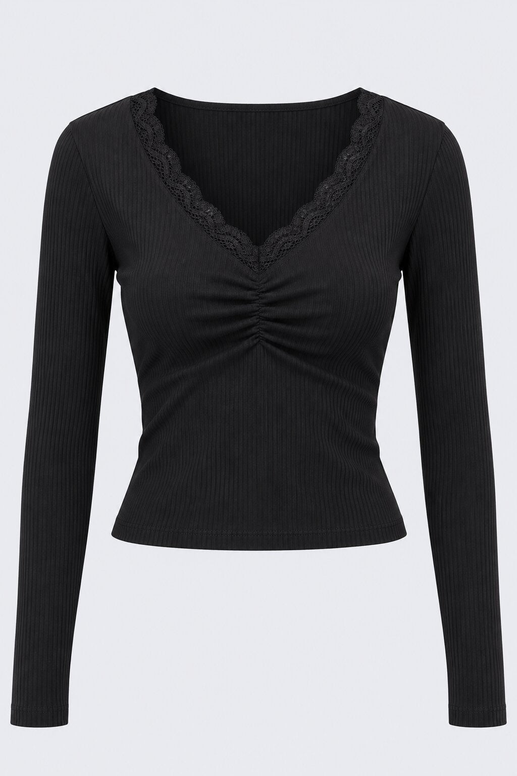 Womens Black Ribbed Lace Trim Crop Top - Image 7