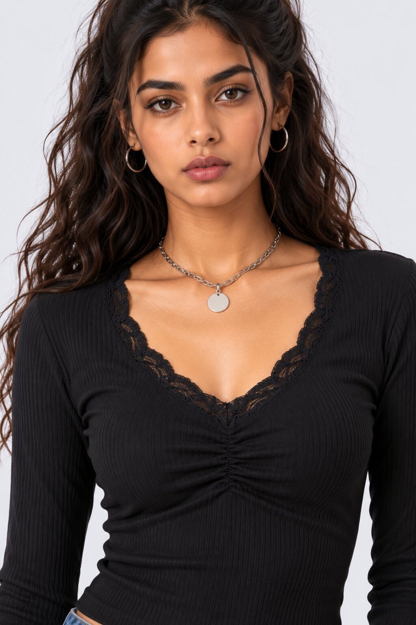 Womens Black Ribbed Lace Trim Crop Top - Image 8