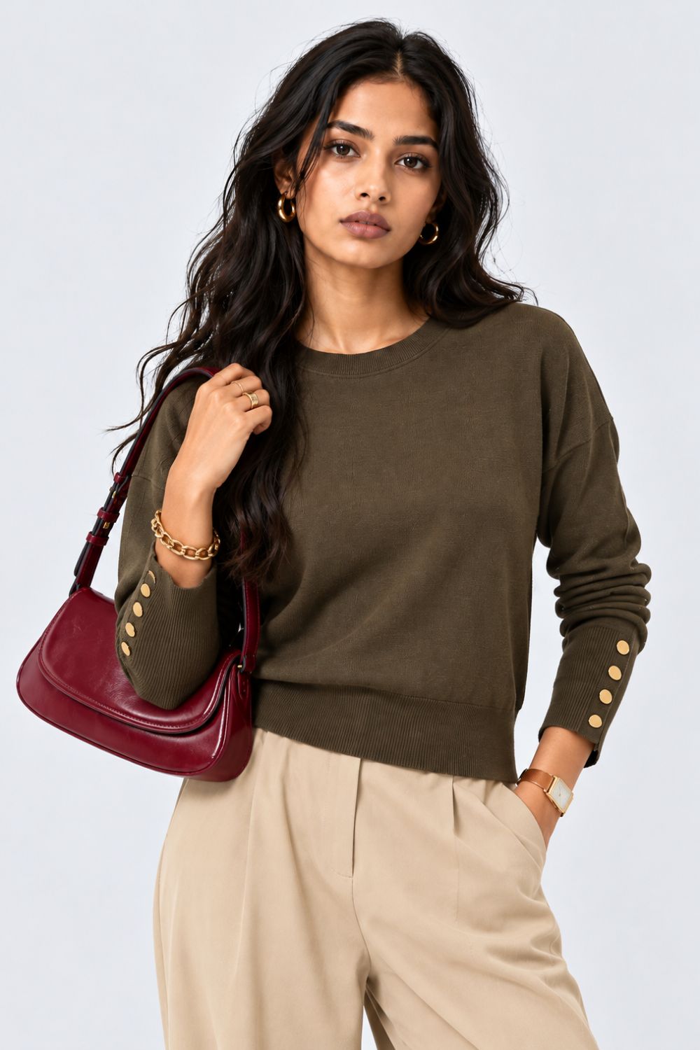 Womens Olive Button Detail Knit Top - Image 1