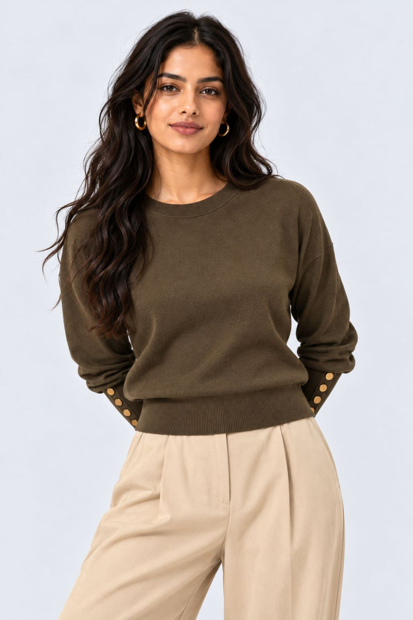 Womens Olive Button Detail Knit Top - Image 2
