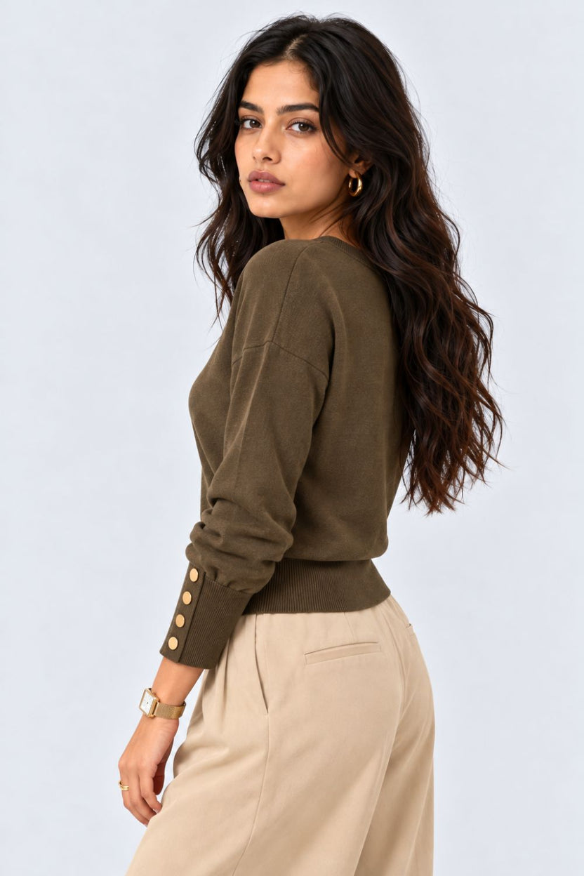 Womens Olive Button Detail Knit Top - Image 4