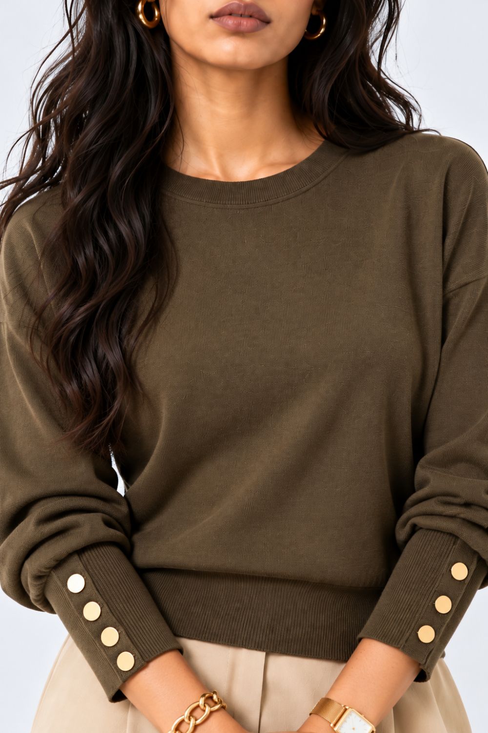 Womens Olive Button Detail Knit Top - Image 9