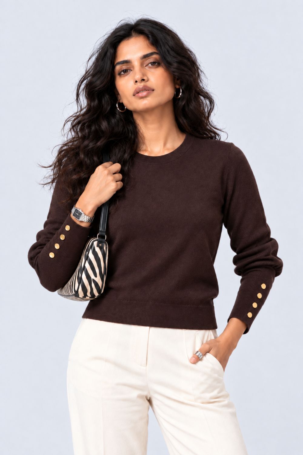 Womens Brown Button Detail Knit Top - Image 1