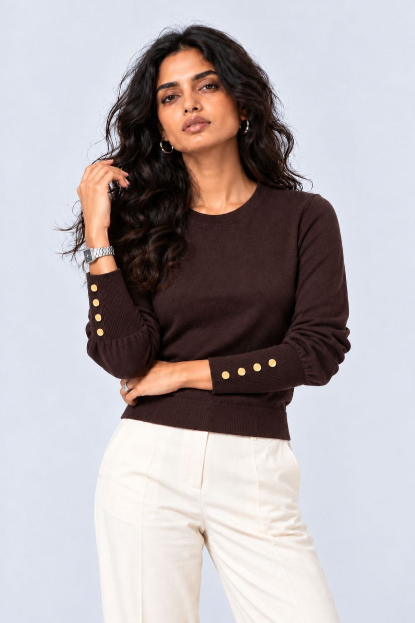 Womens Brown Button Detail Knit Top - Image 2