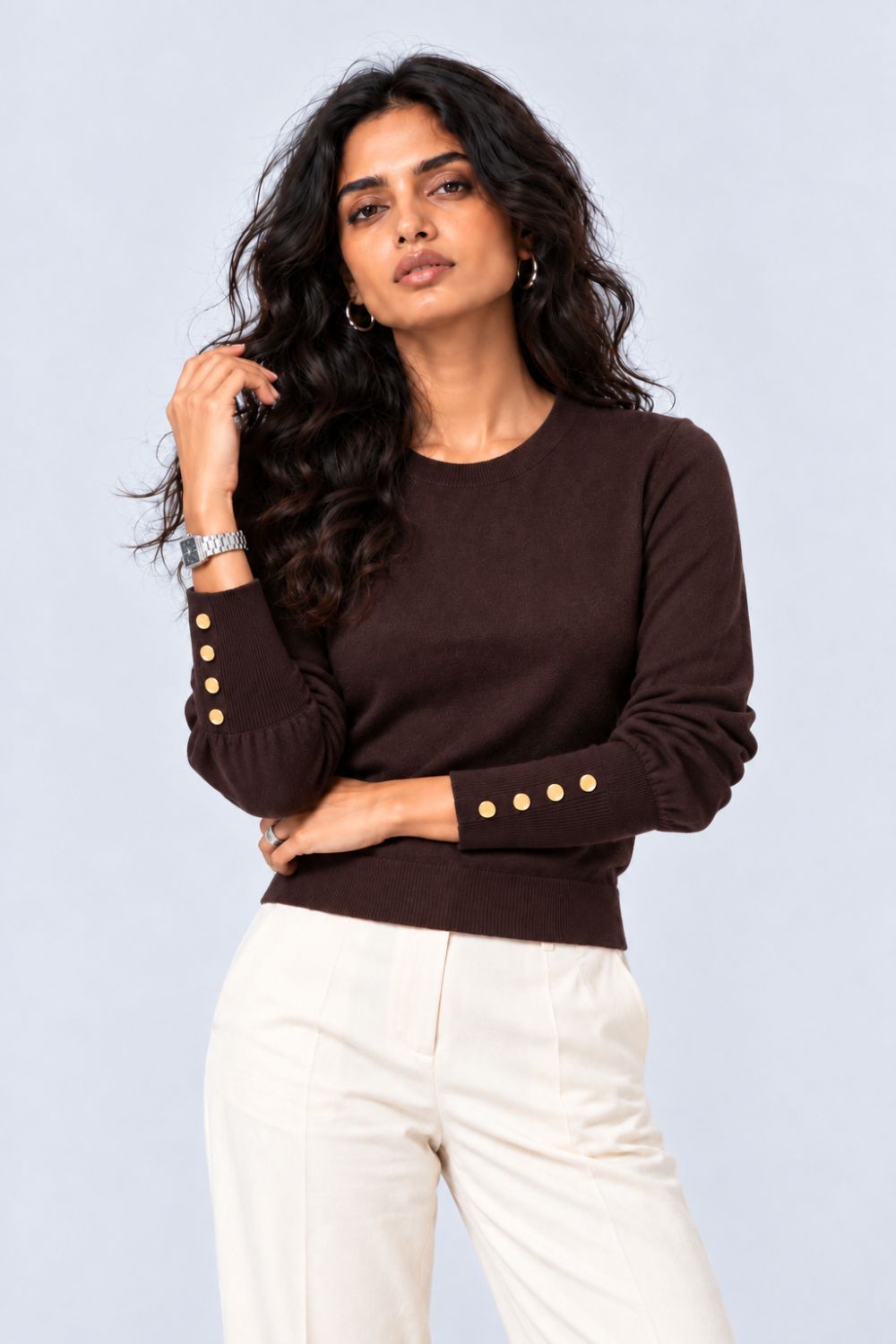 Womens Brown Button Detail Knit Top - Image 2