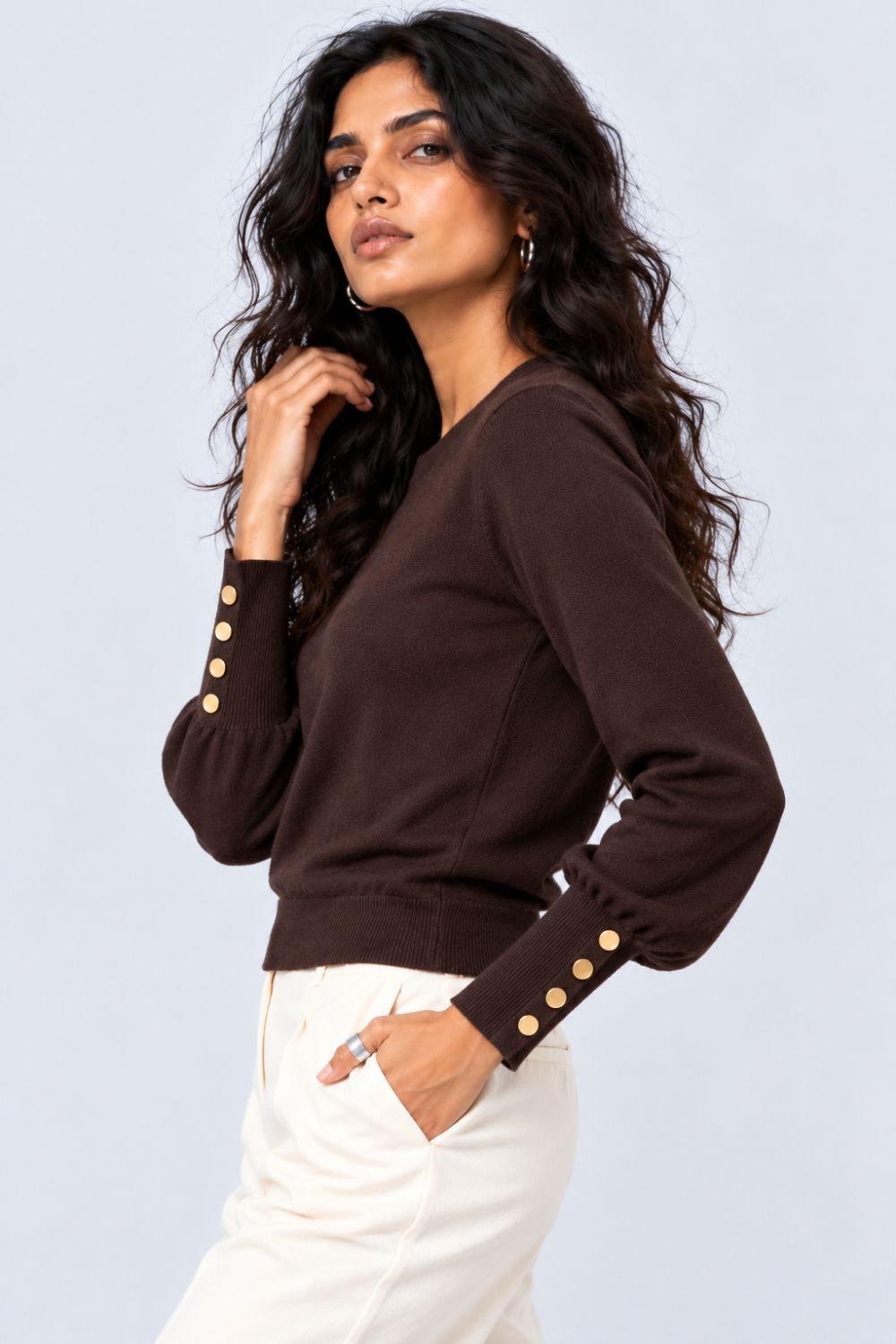 Womens Brown Button Detail Knit Top - Image 4