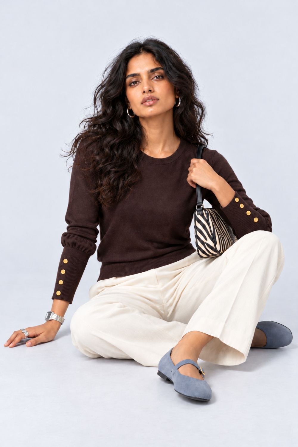 Womens Brown Button Detail Knit Top - Image 6