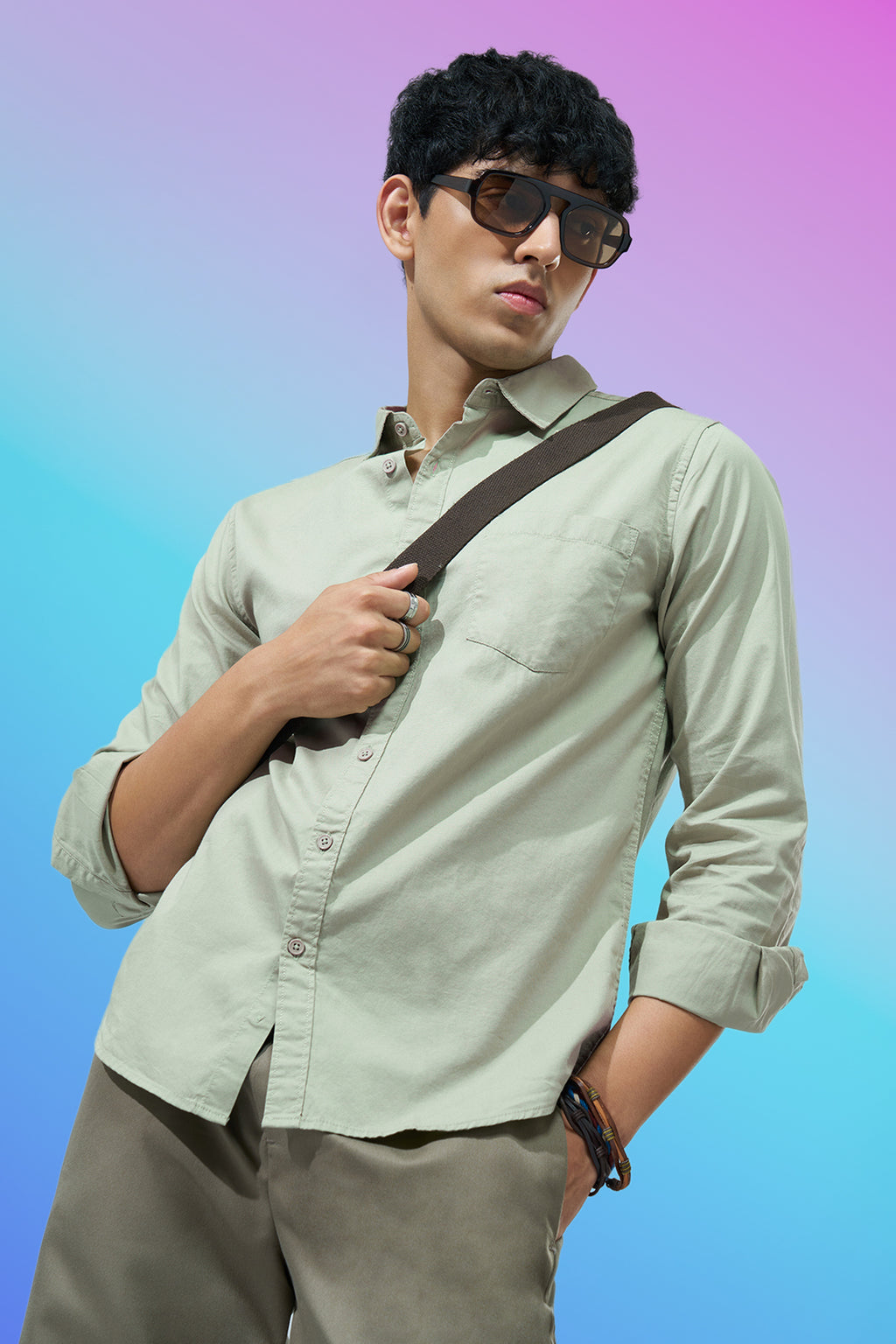 Light Green Solid Regular Fit Shirt for Men - Image 1