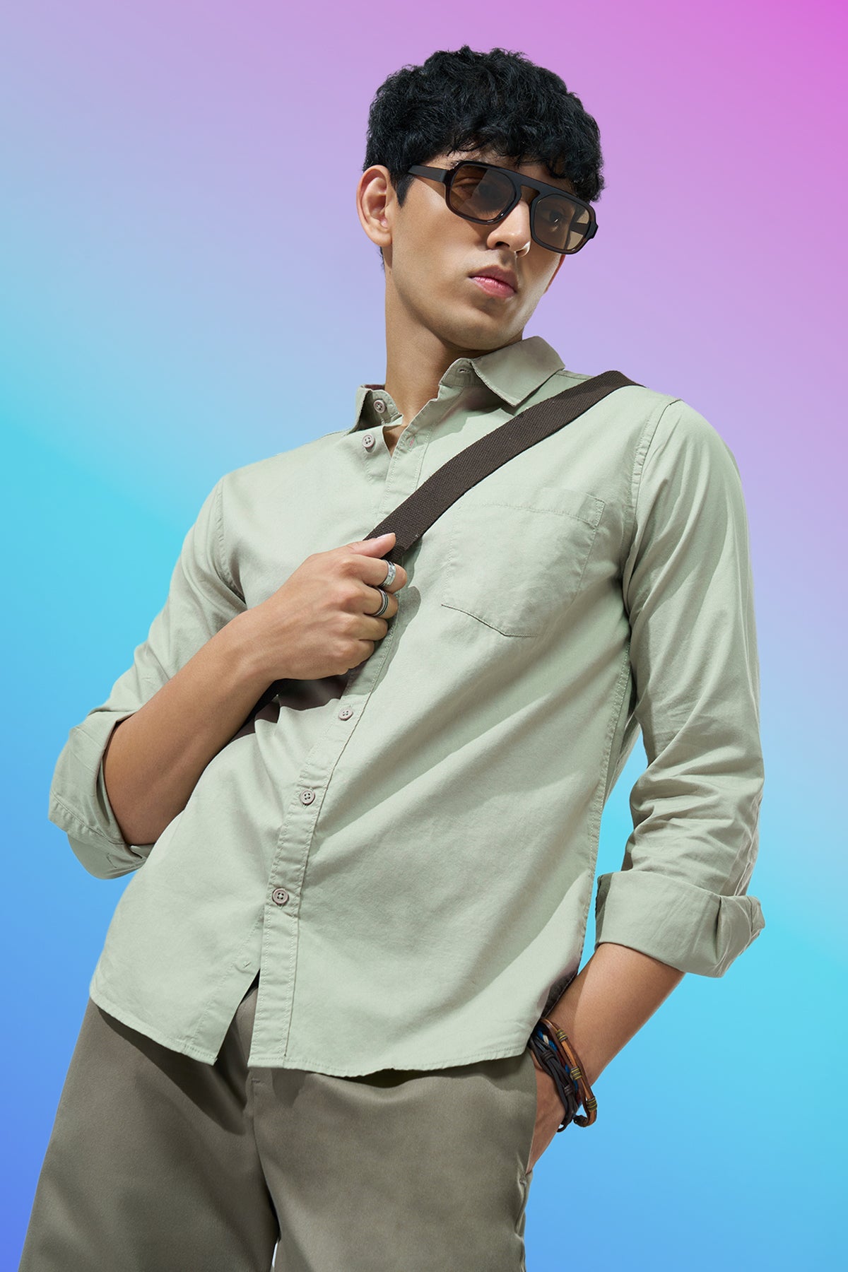 Light Green Solid Regular Fit Shirt for Men - Image 1