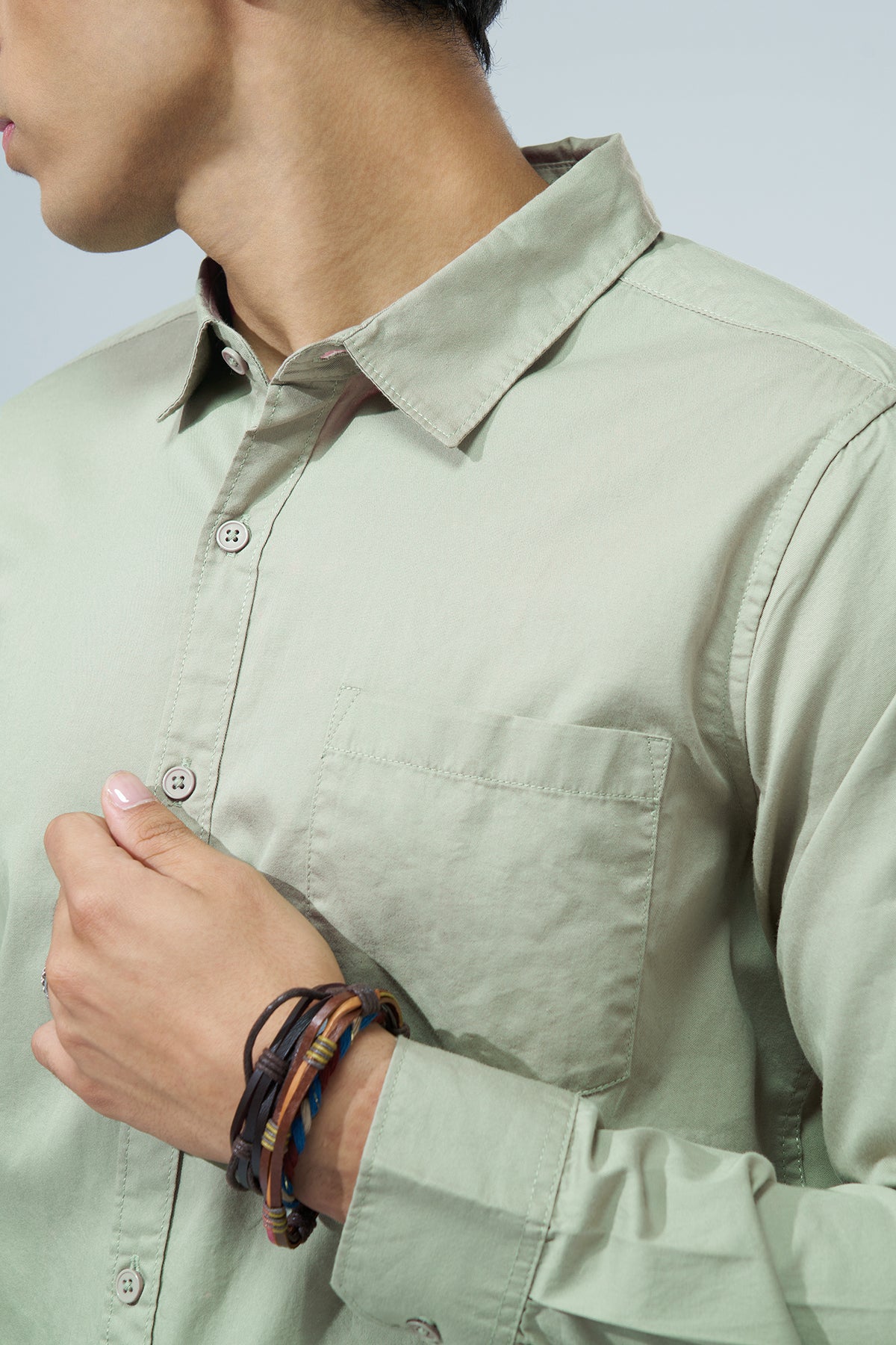 Light Green Solid Regular Fit Shirt for Men - Image 3