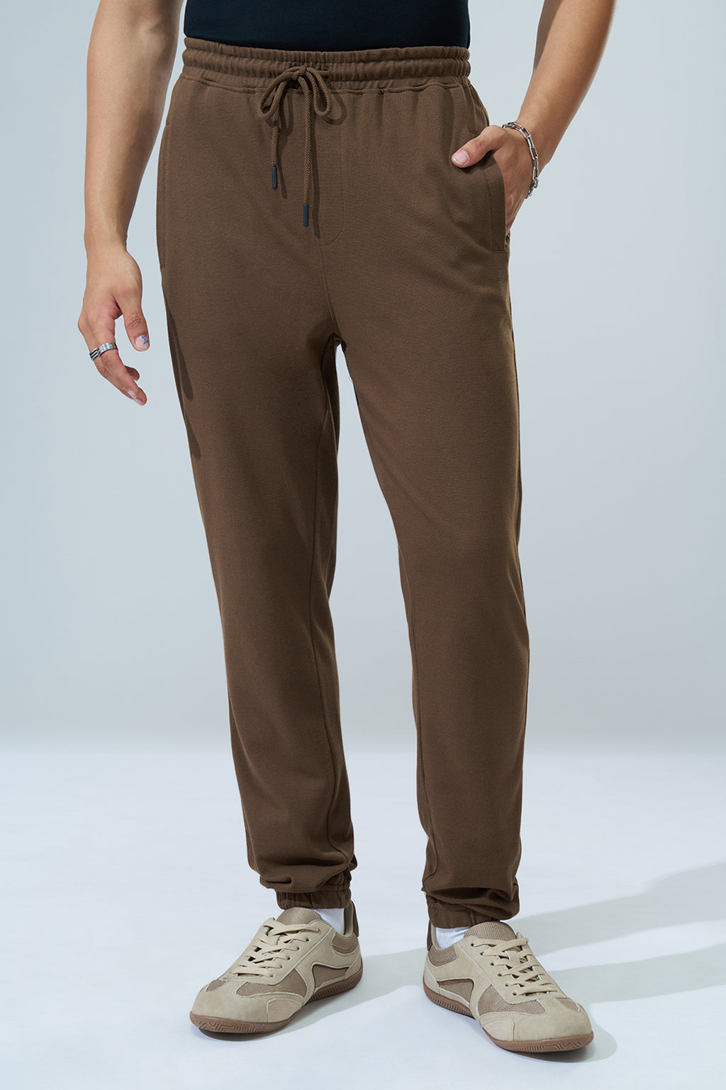 Brown Solid Regular Fit Joggers for Men - Image 2