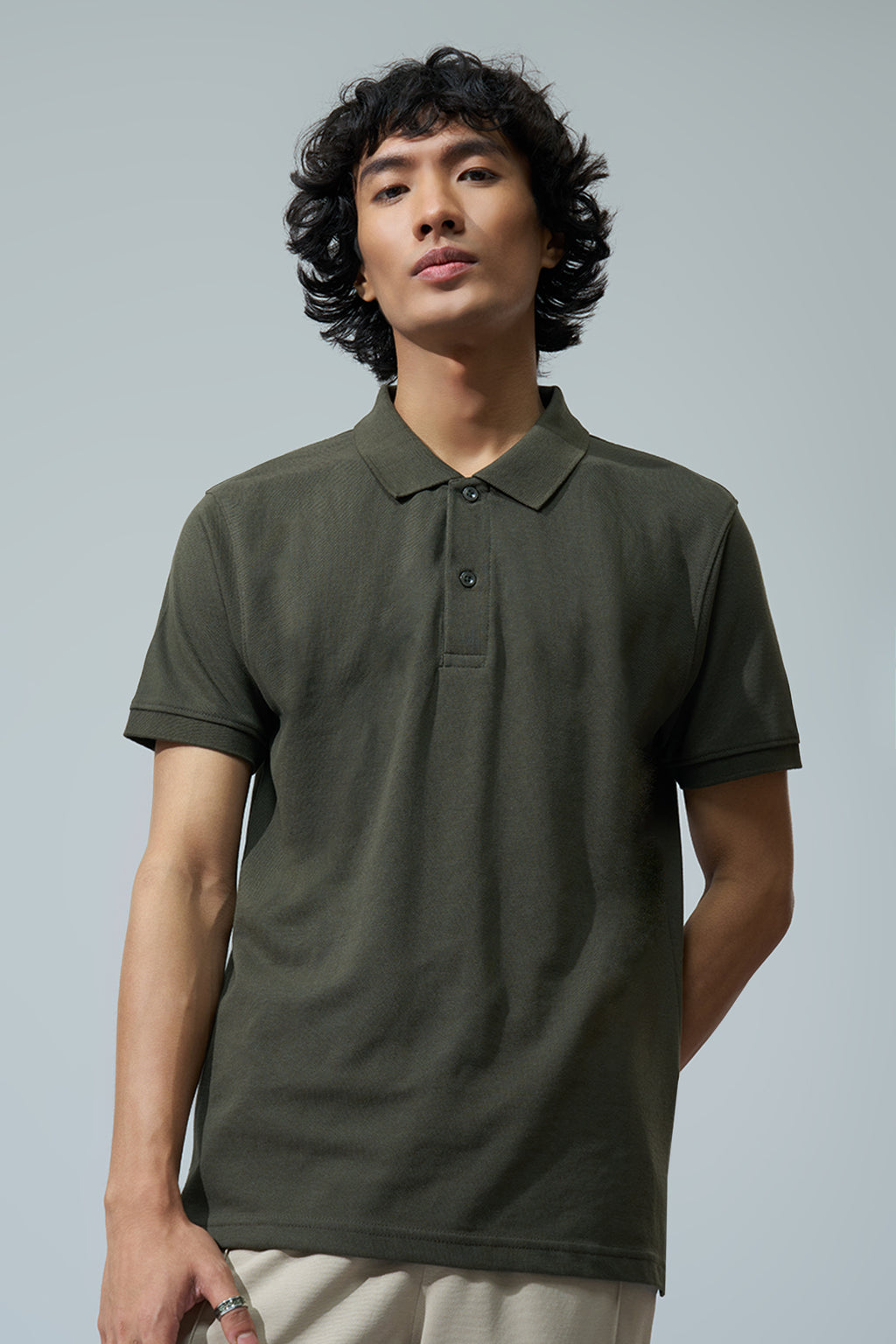 Olive Solid Regular Fit Polo T-Shirt for Men - Image 2