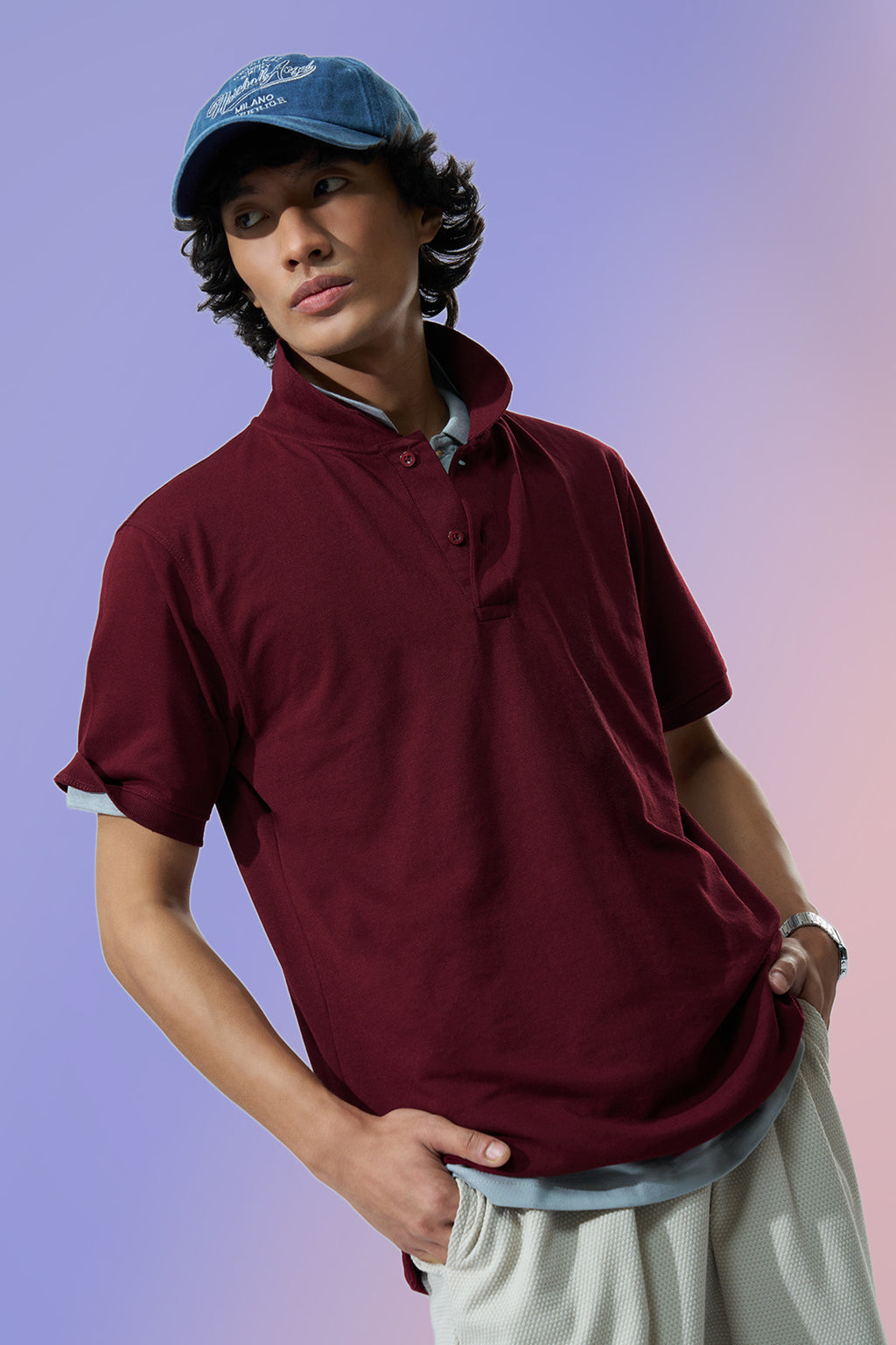 Wine Solid Regular Fit Polo T-Shirt for Men - Image 1