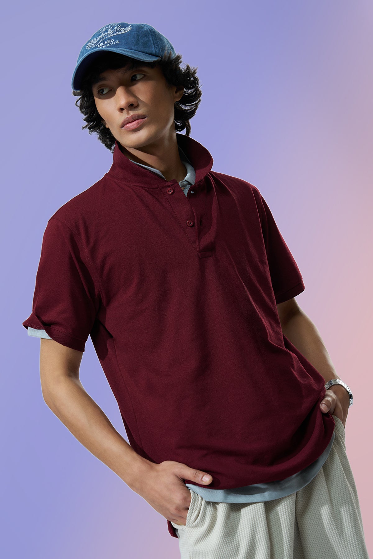 Wine Solid Regular Fit Polo T-Shirt for Men - Image 1