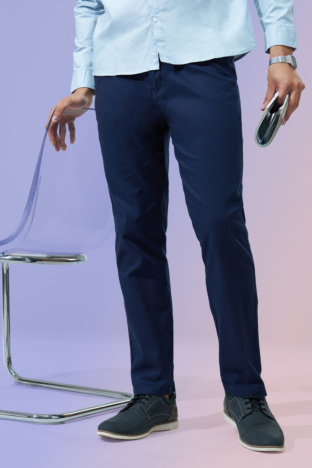 Navy Solid Regular Fit Trouser for Men - Image 1