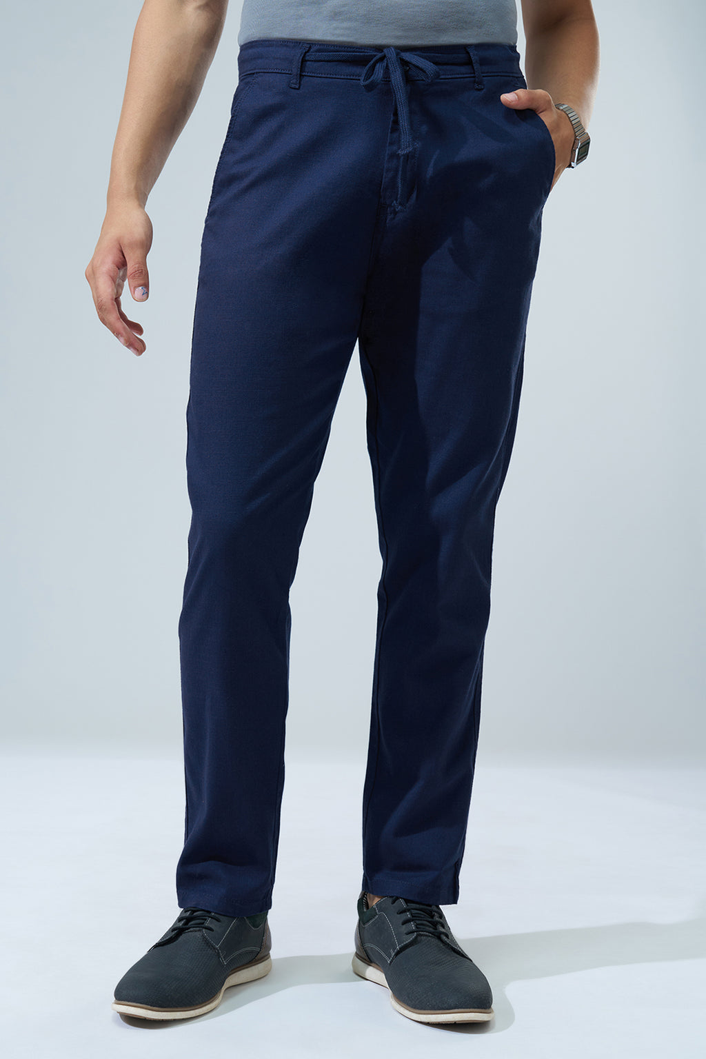 Navy Solid Regular Fit Trouser for Men - Image 2