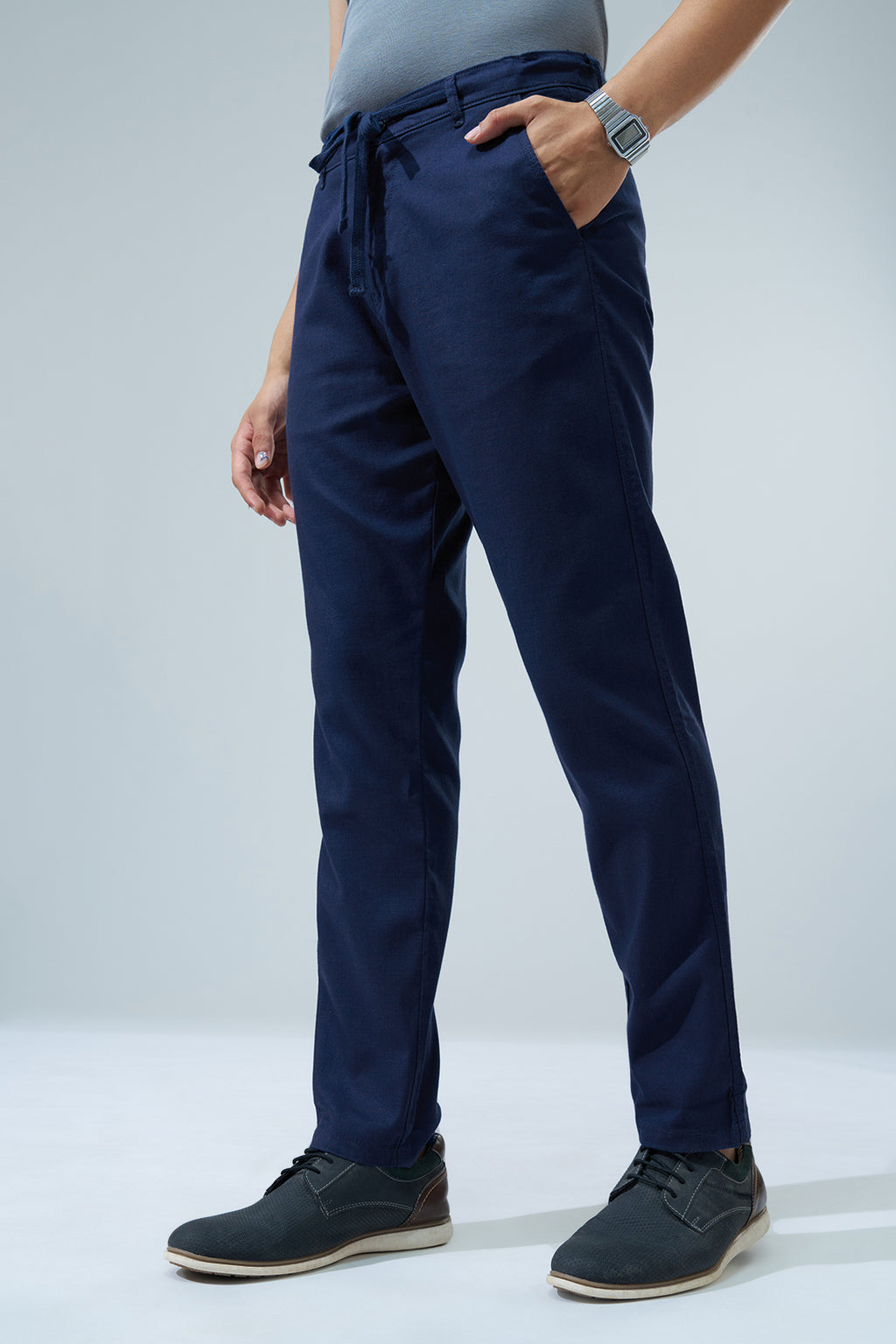 Navy Solid Regular Fit Trouser for Men - Image 4