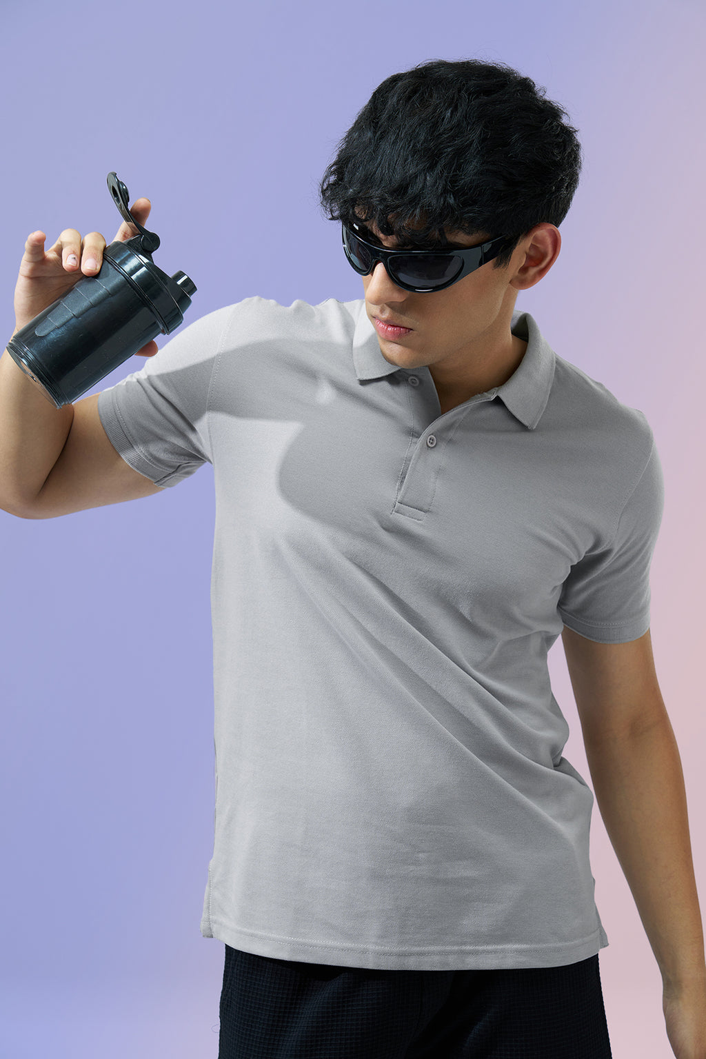 Light Grey Solid Regular Fit Polo T-Shirt for Men - Image 1