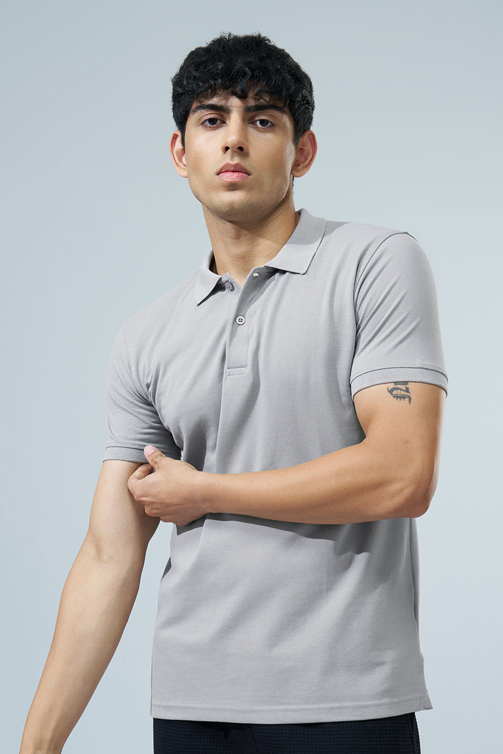 Light Grey Solid Regular Fit Polo T-Shirt for Men - Image 4