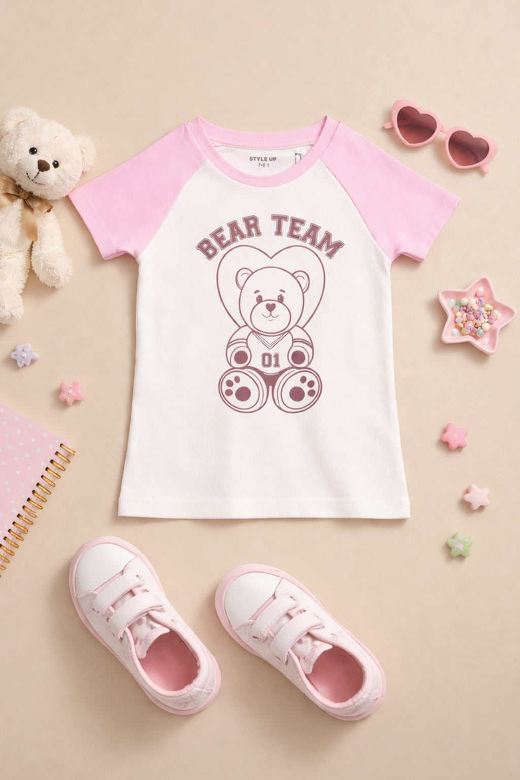 White Regular Fit Bear Printed T-Shirt for Girls - Image 1