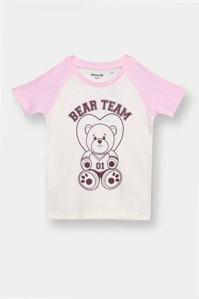 White Regular Fit Bear Printed T-Shirt for Girls - Image 2