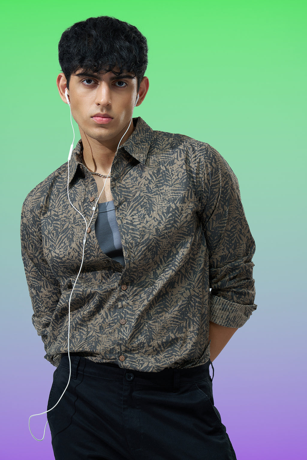Olive Leaf Printed Regular Fit Shirt for Men - Image 1