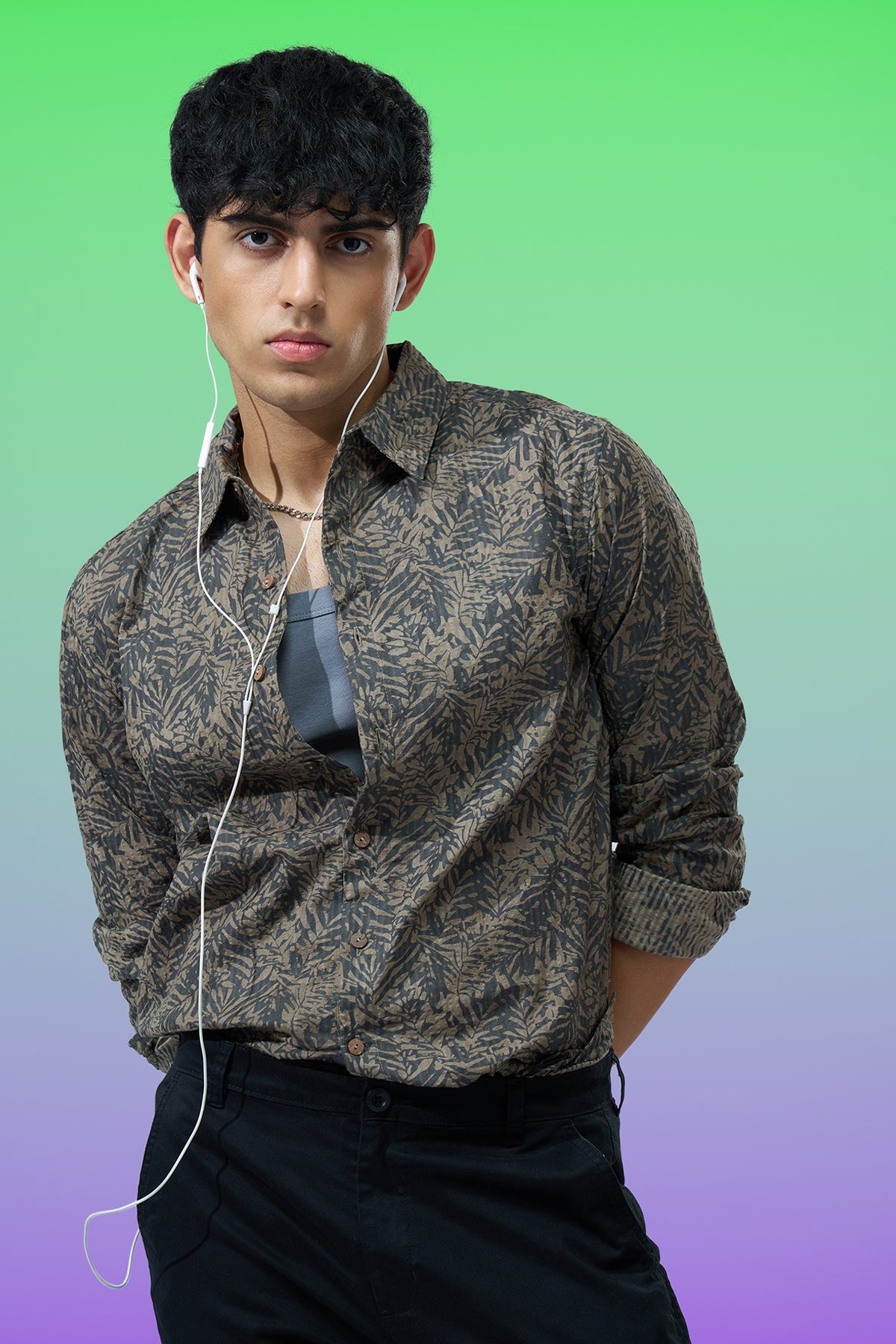 Olive Leaf Printed Regular Fit Shirt for Men - Image 1