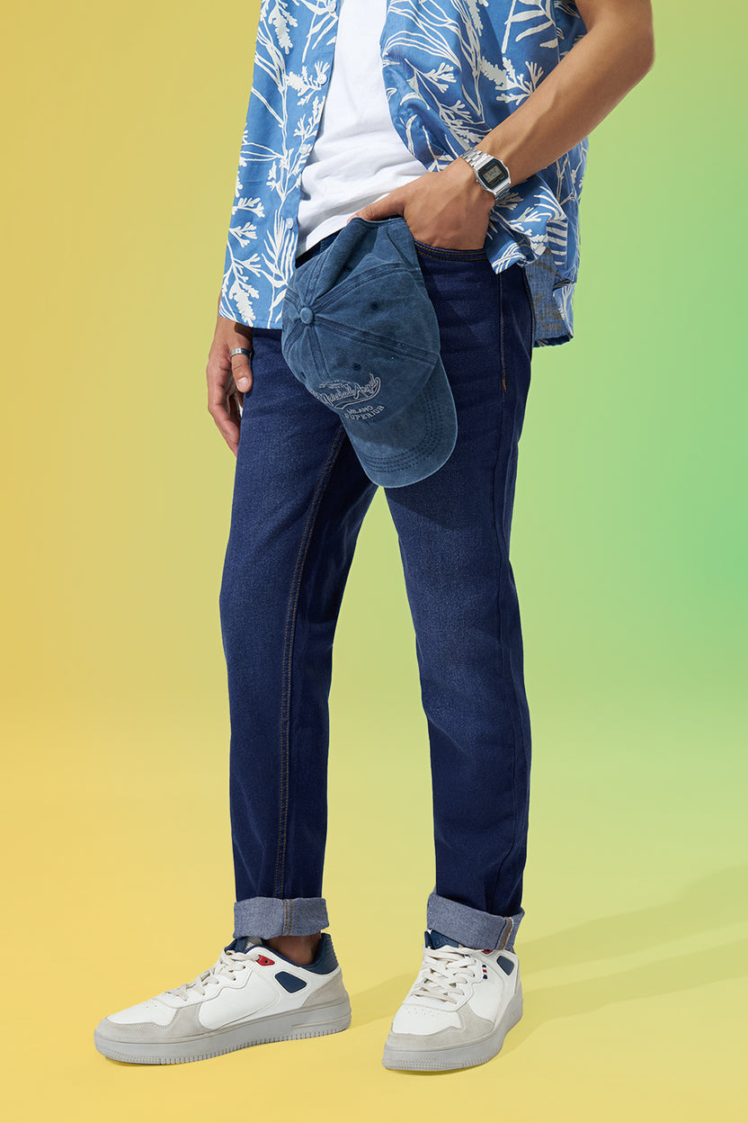 Dark Blue Washed Slim Fit Jeans For Men - Image 1