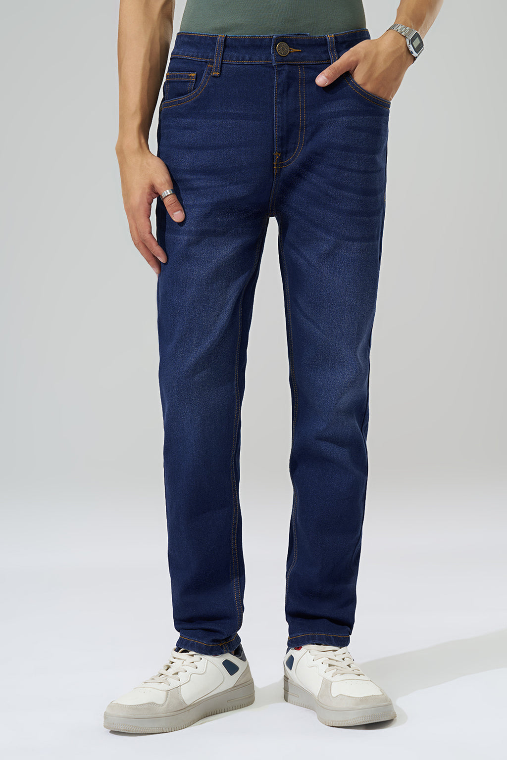 Dark Blue Washed Slim Fit Jeans For Men - Image 3