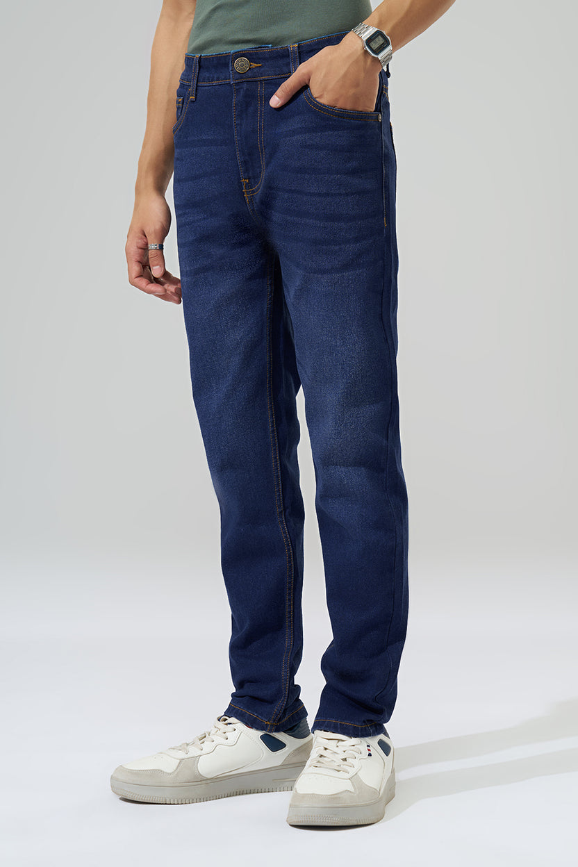 Dark Blue Washed Slim Fit Jeans For Men - Image 4