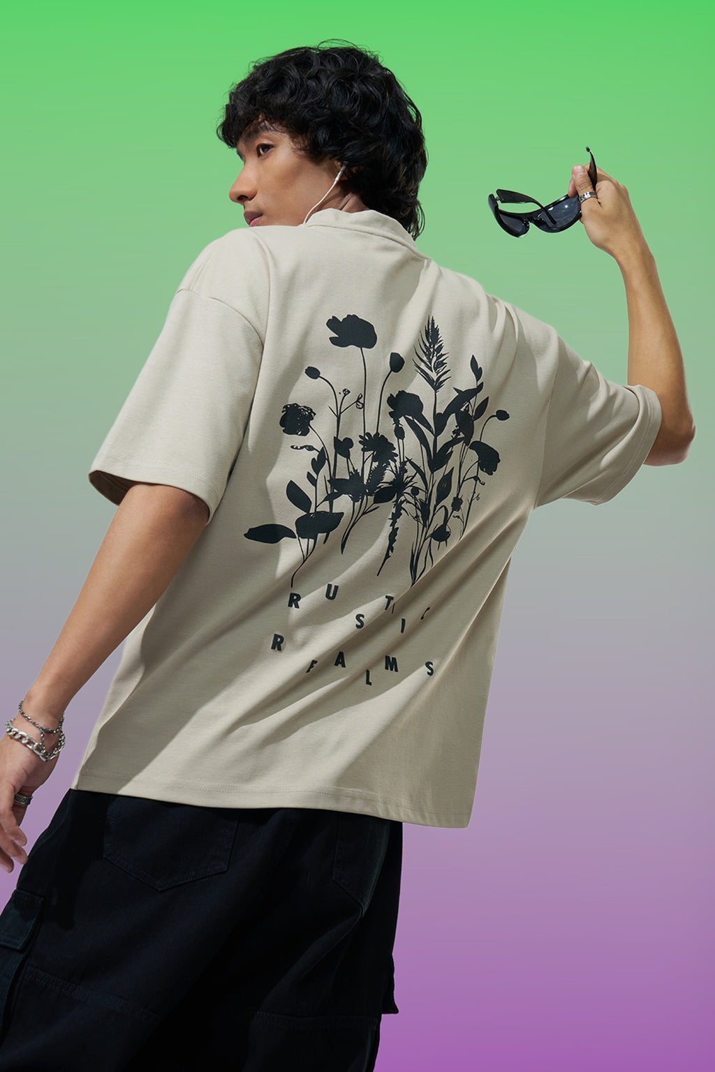 Beige Graphic Printed Oversized Fit T-Shirt for Men - Image 1