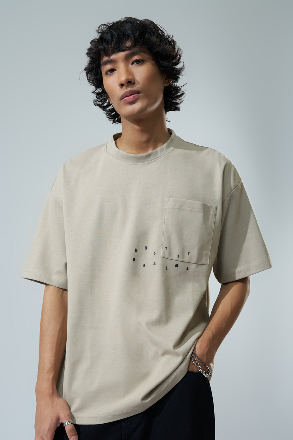 Beige Graphic Printed Oversized Fit T-Shirt for Men - Image 3