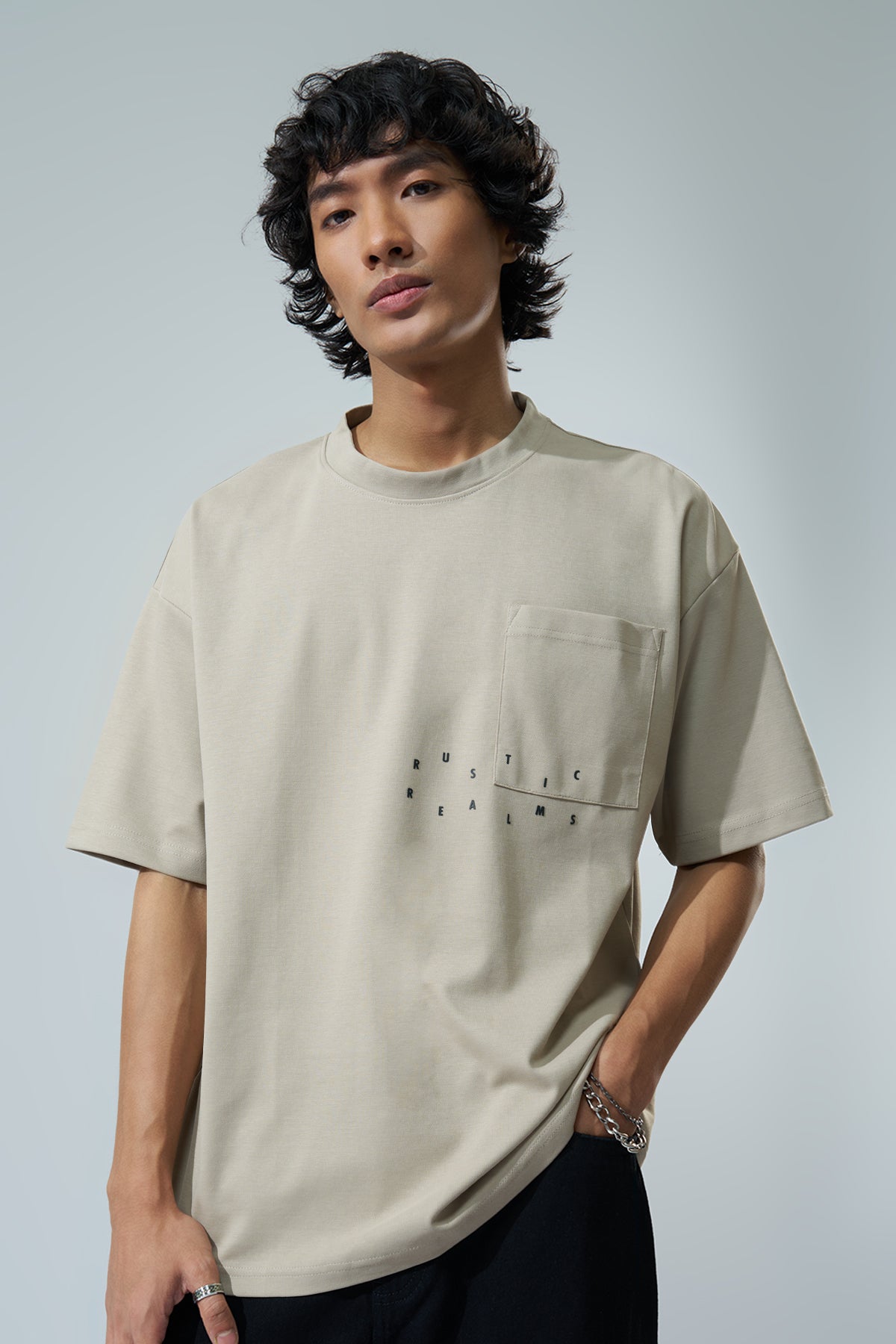 Beige Graphic Printed Oversized Fit T-Shirt for Men - Image 3