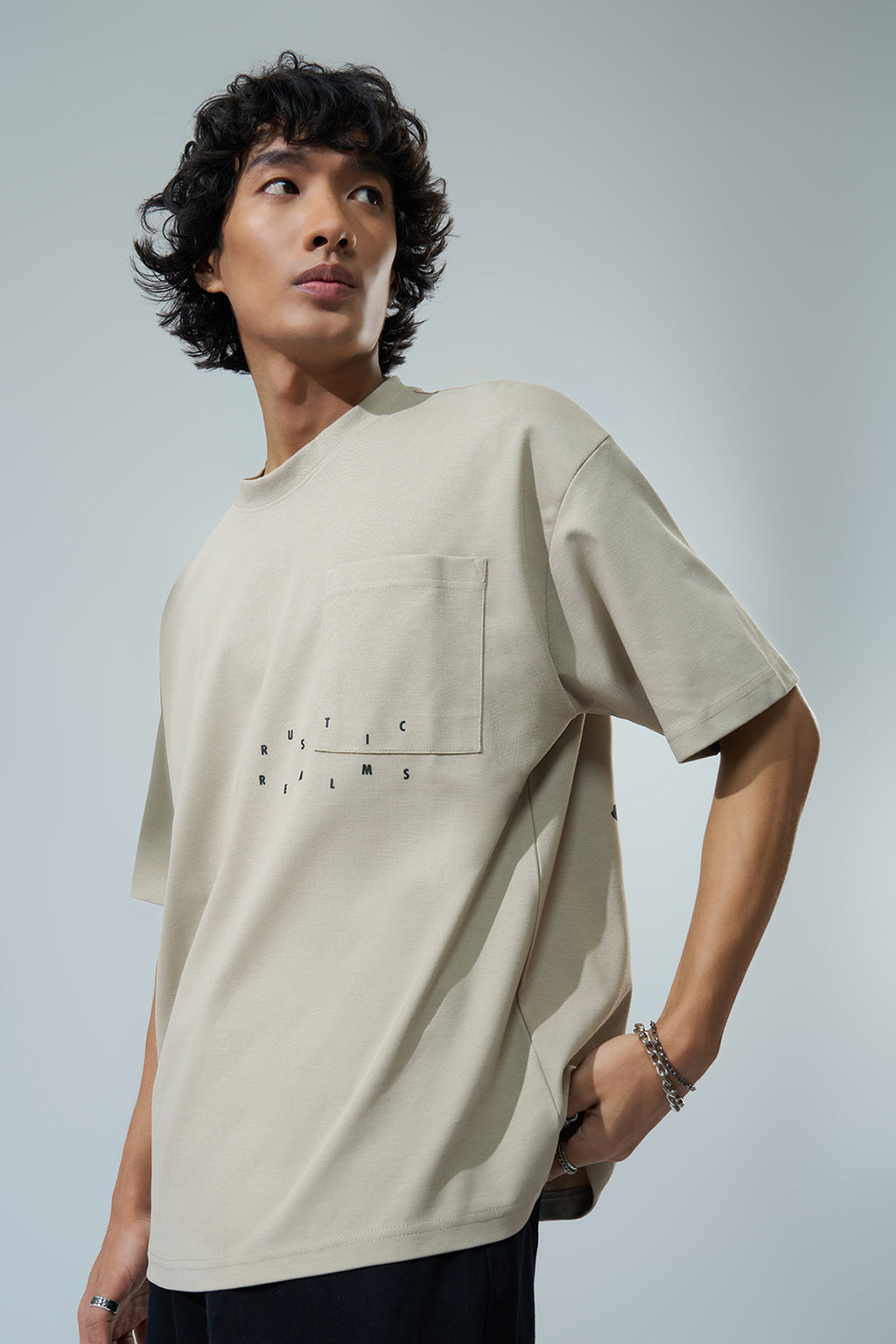 Beige Graphic Printed Oversized Fit T-Shirt for Men - Image 4