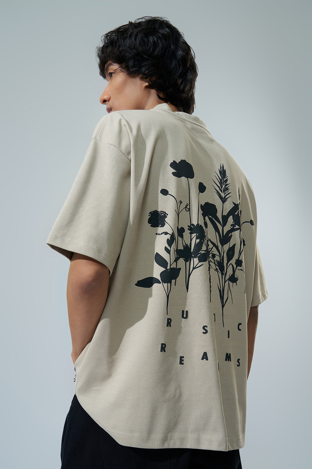 Beige Graphic Printed Oversized Fit T-Shirt for Men - Image 5