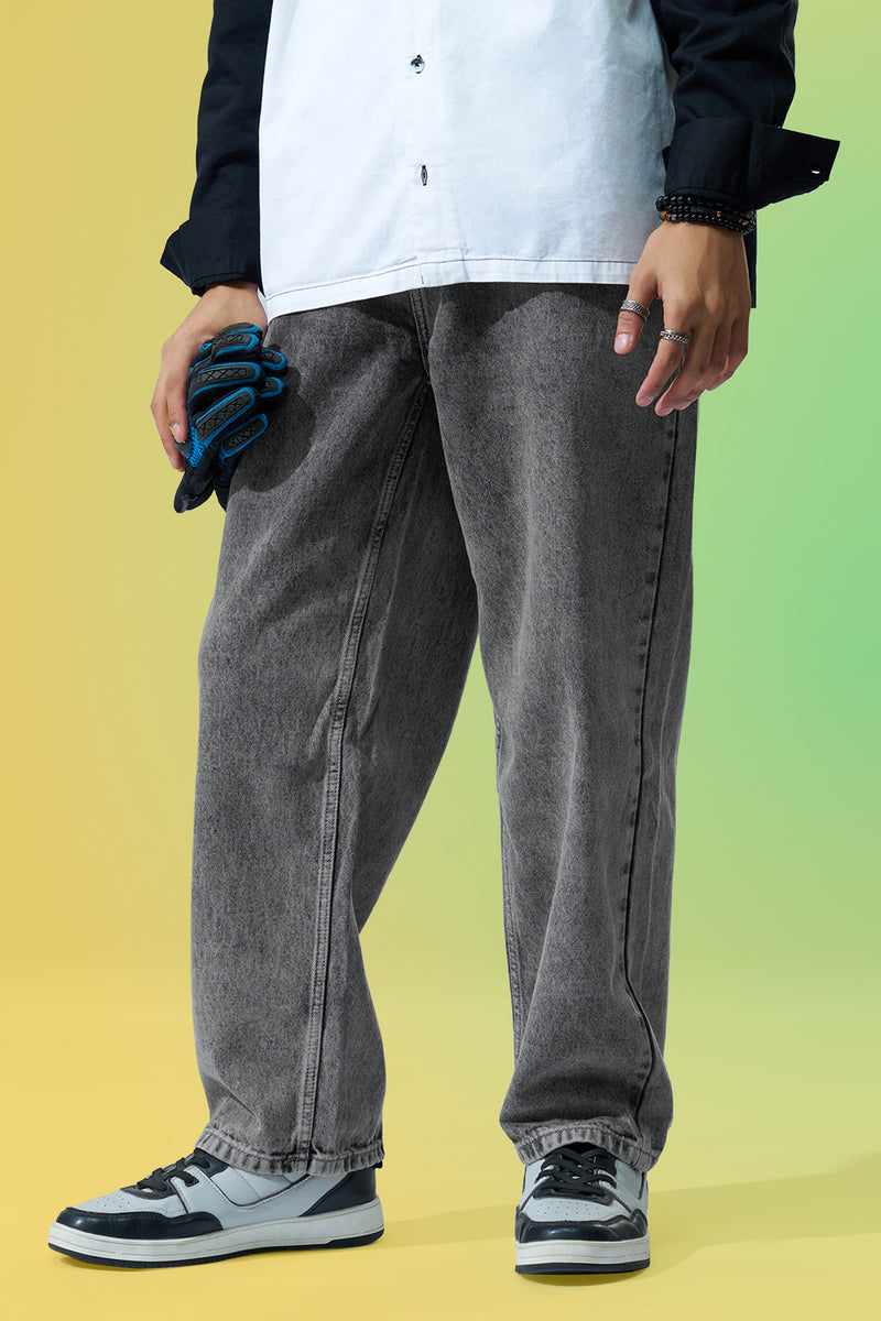 Charcoal Solid Baggy Fit Jeans For Men