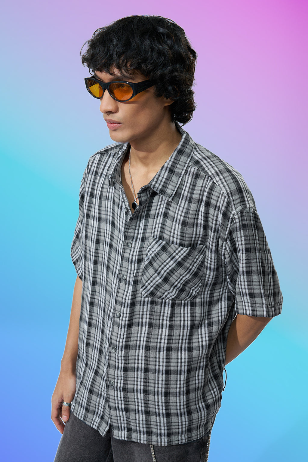 Grey Checked Boxy Fit Shirt for Men - Image 1