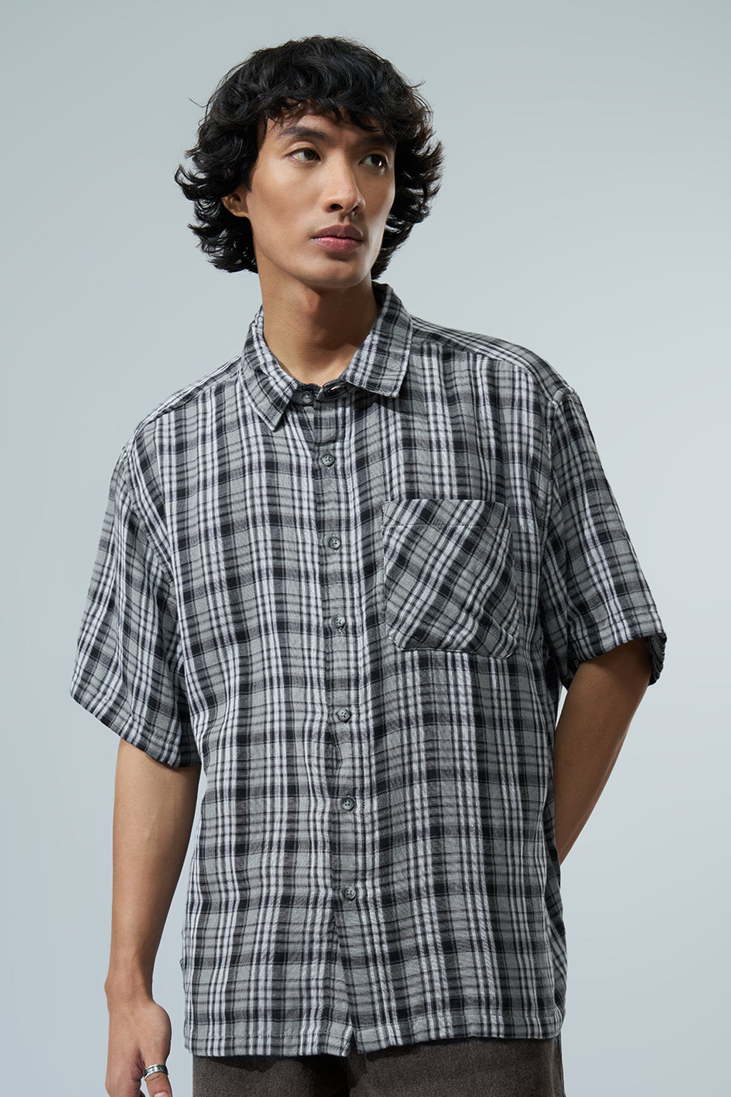 Grey Checked Boxy Fit Shirt for Men - Image 3