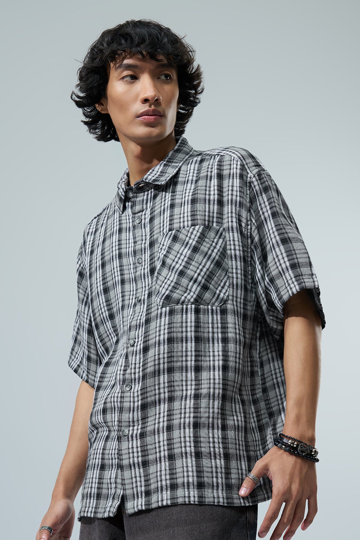Grey Checked Boxy Fit Shirt for Men - Image 4