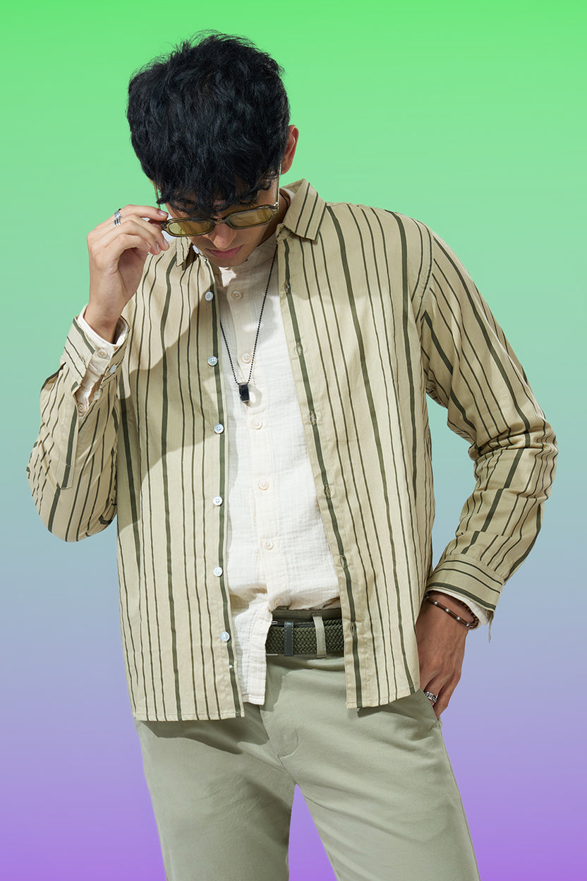 Light Green Striped Regular Fit Shirt for Men - Image 1