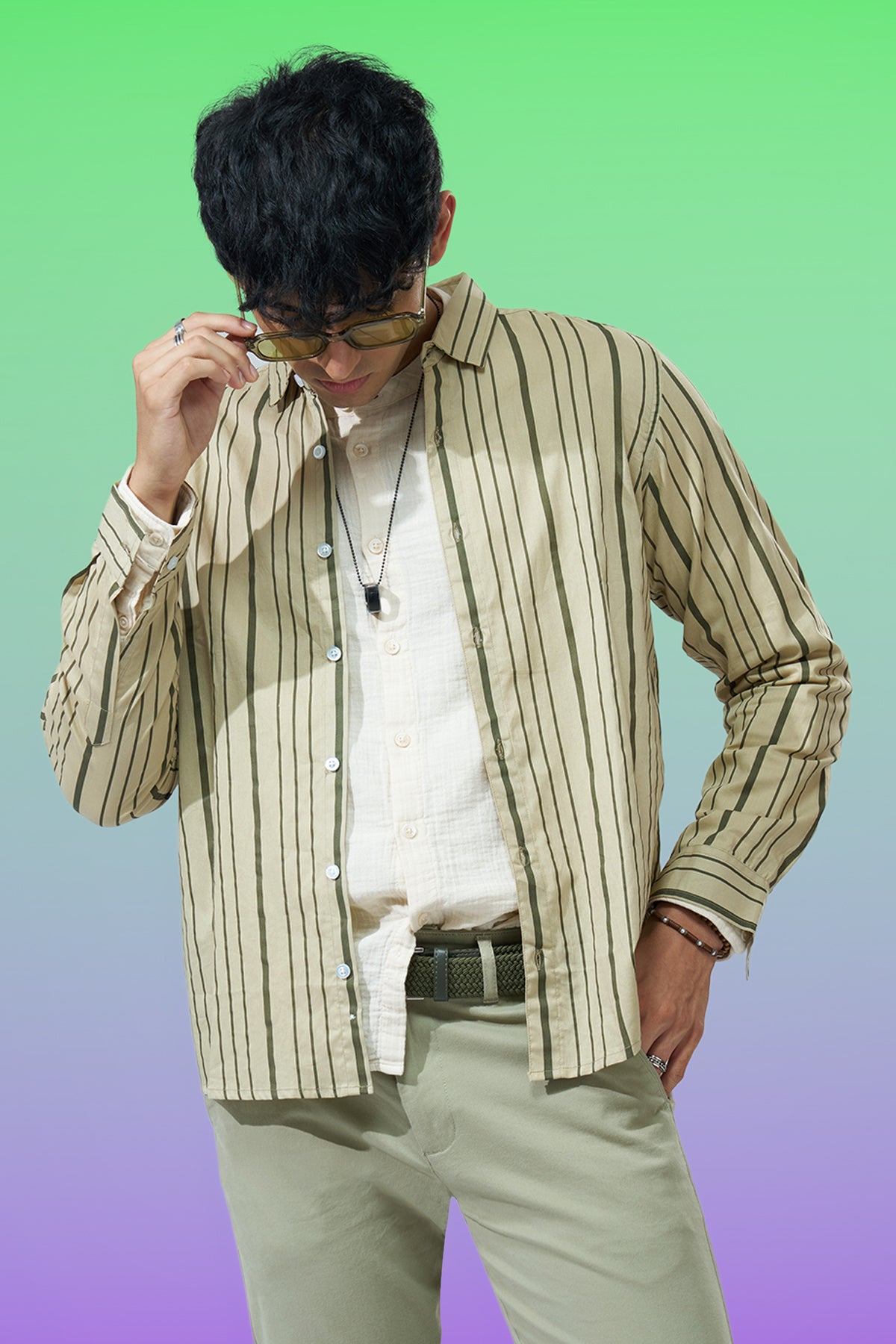 Light Green Striped Regular Fit Shirt for Men - Image 1
