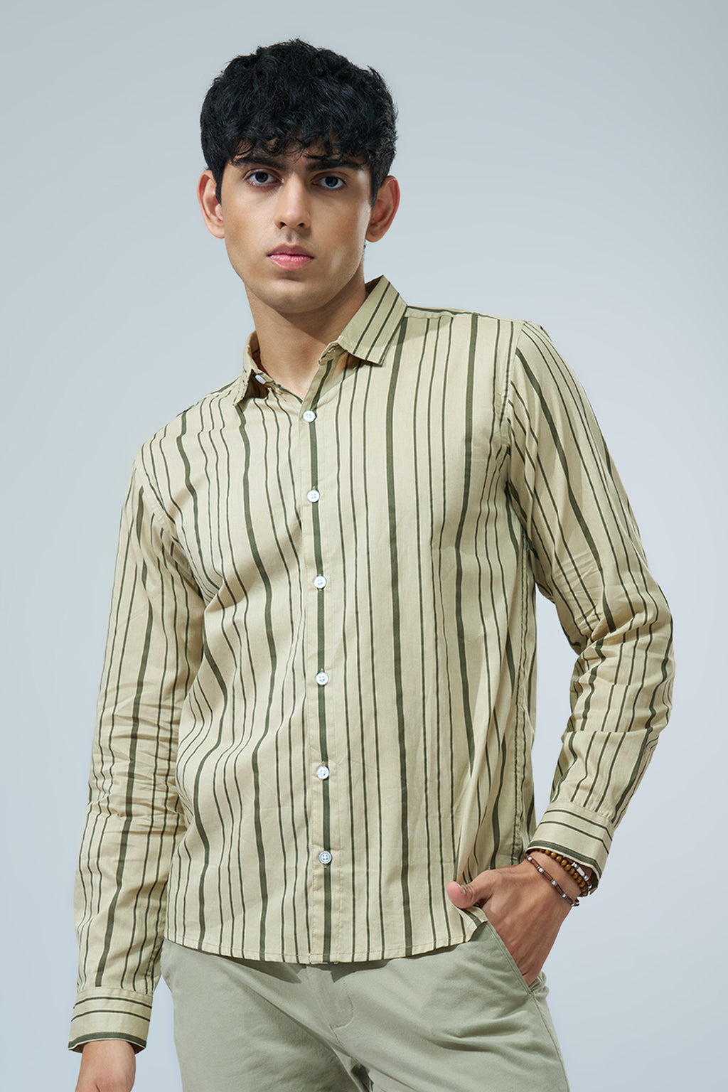Light Green Striped Regular Fit Shirt for Men - Image 2