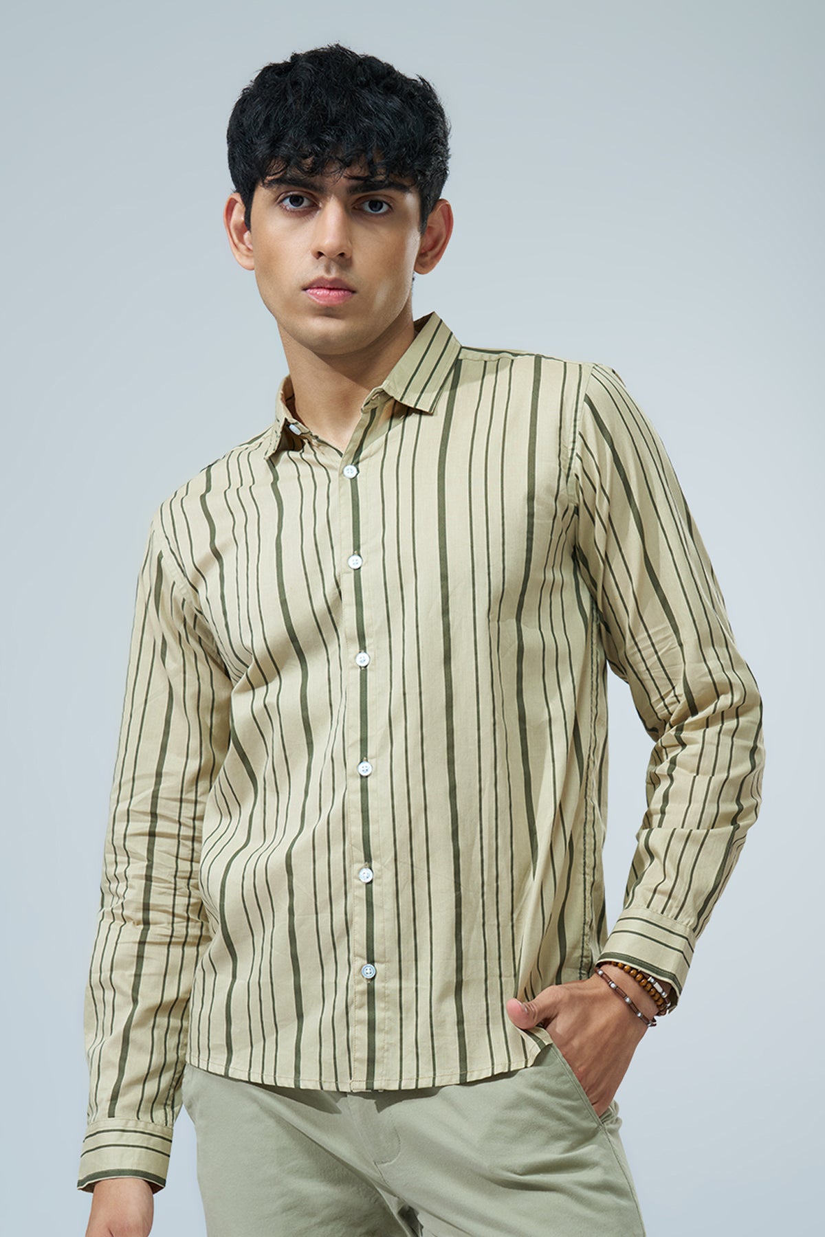 Light Green Striped Regular Fit Shirt for Men - Image 2