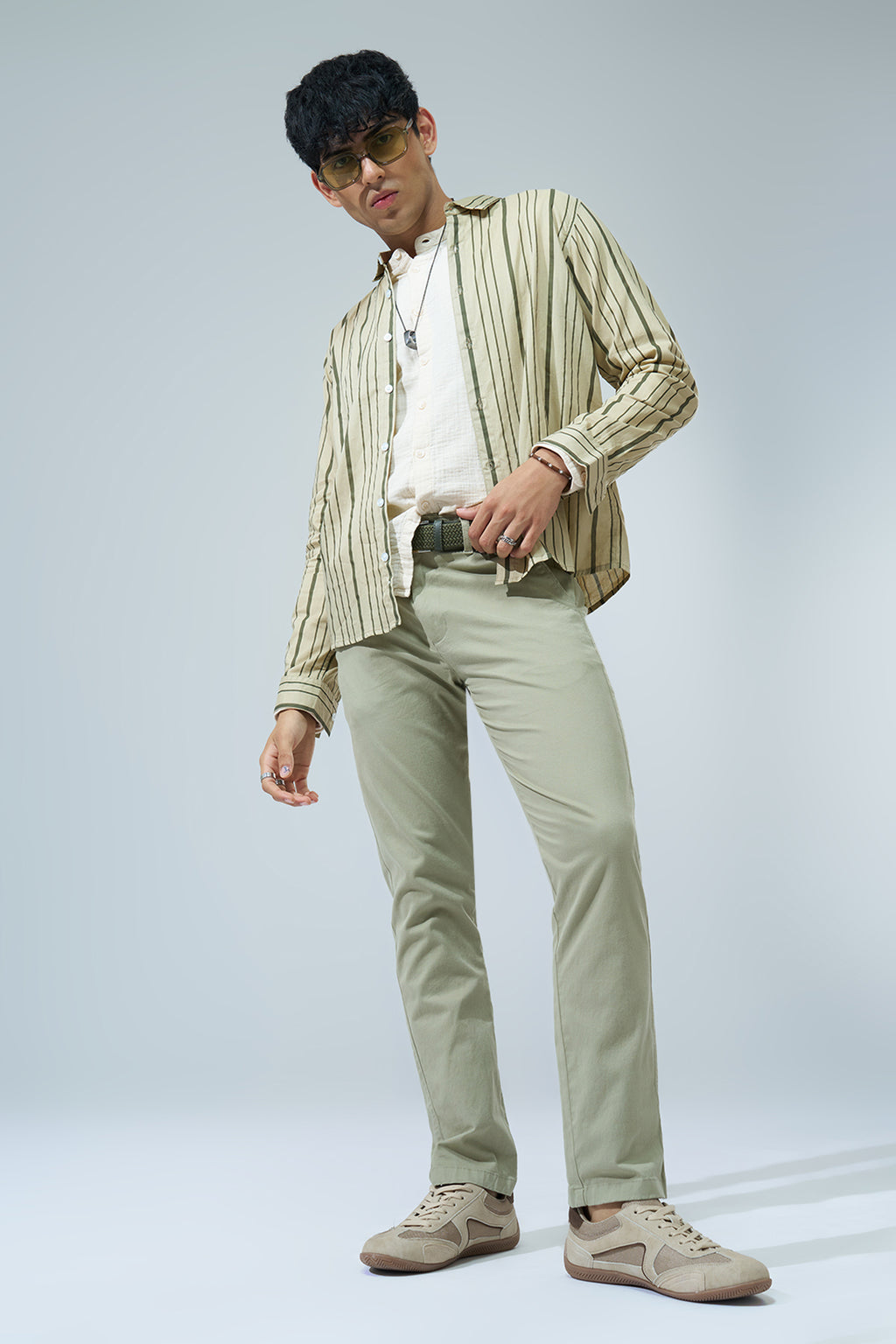 Light Green Striped Regular Fit Shirt for Men - Image 6