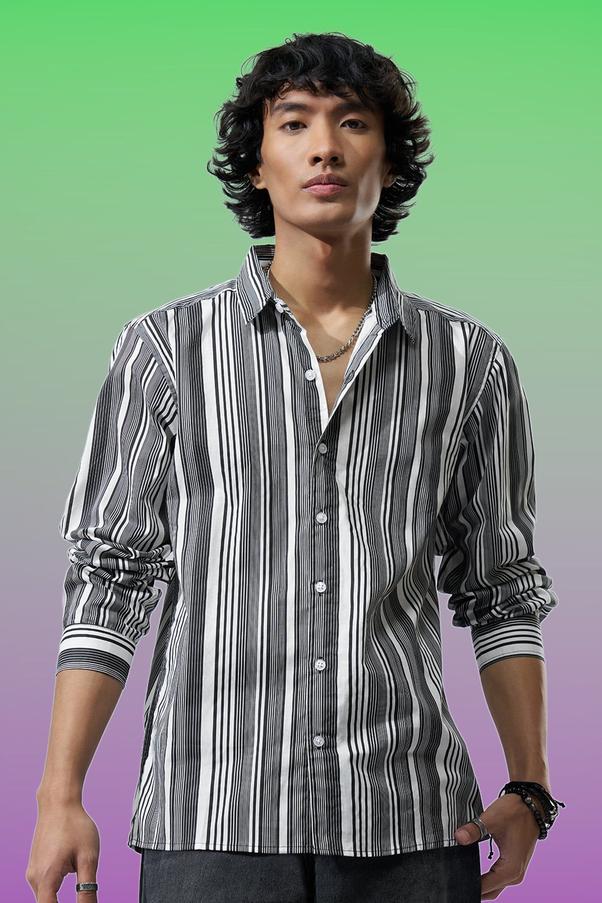 Black Striped Regular Fit Casual Shirt for Men - Image 1