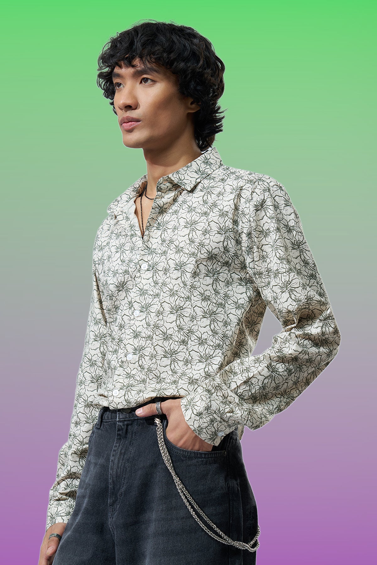 Off White Floral Printed Regular Fit Casual Shirt for Men - Image 1